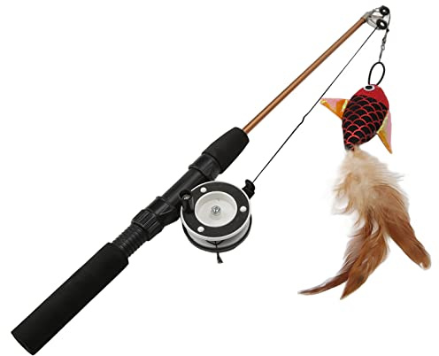 Kufoo Canne à Pêche en Forme de Poisson Réaliste pour Chat - Conception Rétractable, Jouet à Mâcher (Poisson Rouge + Canne à Pêche)