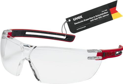 Uvex tune-up Schutzbrille – Sicherheitsbrille mit 100% UV-Schutz - metallfrei, Anti-Beschlag & kratzfest – superleicht (23g) - rot/schwarz, transparent