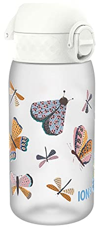 ION8 Kinder Trinkflasche, 350ml, Auslaufsicher, Einhandöffnung, Sichere Verriegelung, Spülmaschinenfest, BPA-frei, Tragegriff, Klappdeckel, Leicht zu Reinigen, Klimaneutral, Schmetterlinge-Design