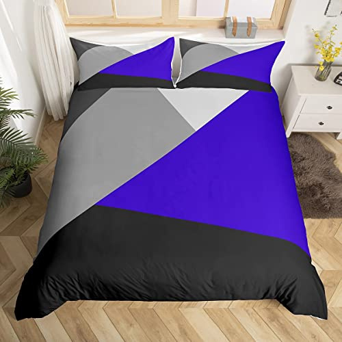 Homewish Navy Blue Black Gray King Size Duvet Cover Set with 2 Pillowcases - 100% Soft & Breathable Polyester, Zip Closure - Patchwork Geometric Bedding - Modern Simple Pattern with Black Reverse