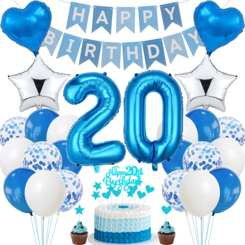 Jrzyhi 20. Geburtstag Dekoration,Blau Tortendeko Geburtstag 20 Jahre Männer,Party Deko Silber,20 Geburtstag Frauen Männer,Tortendeko 20. Geburtstag Mann Frauen,Geburtstagsdeko 20 Jahre Mann Frauen