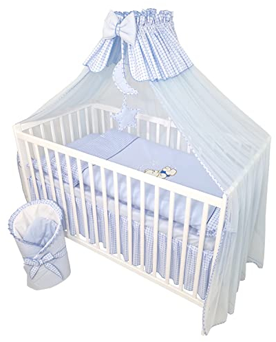 Bello24 - 11 Teiliges Kinderbettwäsche Babybettwäsche Komplettset ohne Bett Bestickt mit Teddybär auf dem Mond Blau (100x135 cm)