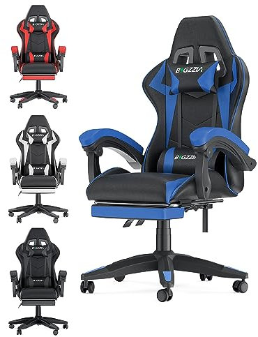 bigzzia Silla Gaming,Silla Ergonómica para Videojuegos, Oficina y Estudio, Silla Gaming con Cojín Lumbar y Reposacabezas, Regulable en Altura(con reposapiés, Azul)