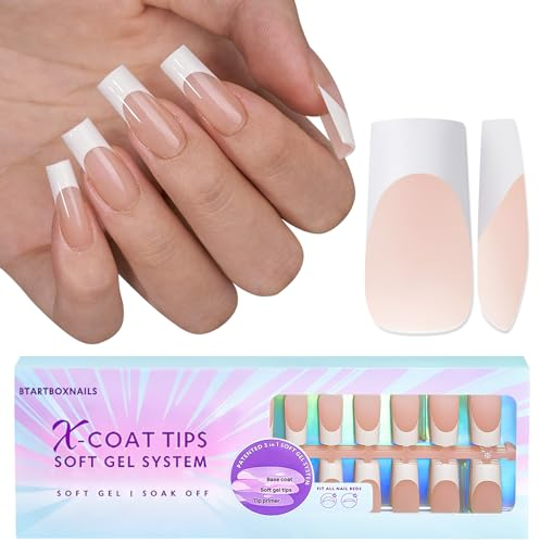 BTArtbox French Tip False Nails - XCOATTIPS Long Square Nail Tips, Nude Press on Nails, Pre-applied Tip Primer & Base Coat Cover, Soft Gel Fake Nails for Nail Extension