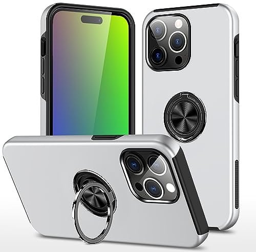 EYZUTAK Case for iPhone 15 Pro Max, 360 Degree Rotation Magnetic Metal Finger Ring Holder Magnet Car Holder Inner Silicone with Camera Protection Glossy Anti-drop Hard Cover - Silver
