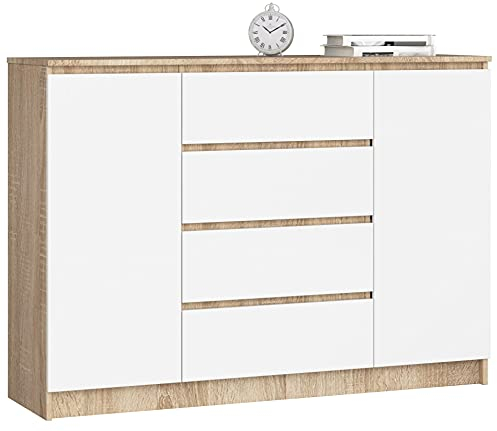AKORD Kommode K 140 cm 4 Schubladen und 2 Türen | zum Wohnzimmer Schlafzimmer Arbeitszimmer | Modernes funktionales Design | Schichtstoffplatte Farbe Sonoma/Weiß