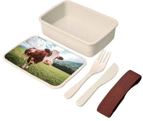 Fabulous Lunch Box Brotdose Lunchbox Boxen mit Besteck, Kuh auf einer Wiese, Berge, Wolken, 700 ml