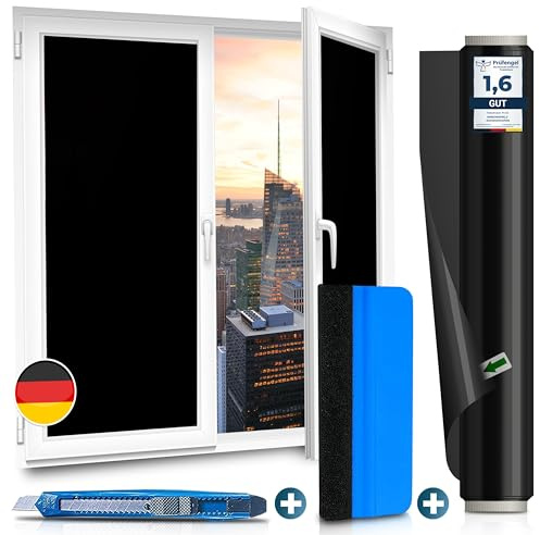 WindowShield® Abdunklungsfolie, Fensterfolie Blickdicht 44,5x200 cm Schwarz | Fensterfolie blickdicht selbstklebend, Abdunklungsfolie mit Sichtschutz, Kälteschutz, Video-Anleitung und Rakelset 44,5x200cm