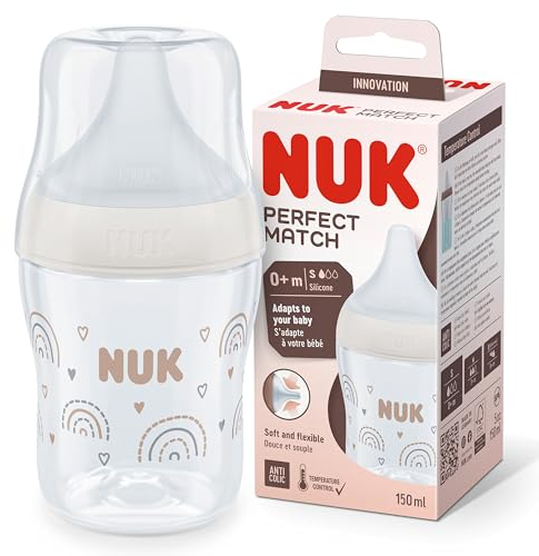 NUK Perfect Match Babyflasche | Ab 0 Monate | Passt sich dem Baby an | Temperature Control | Anti-Colic | 150 ml | BPA-frei | Silikontrinksauger, Small | Regenbogen