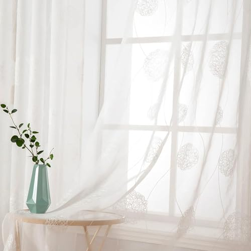 MIULEE Vorhänge mit Florales Stickerei, Gardinen Weiß für Wohnzimmer, Schlafzimmer Vorhang Transparent mit Ösen, 2er Set Voile Blumen Durchsichtig Vorhänge, Jeder H 280 X B 140cm