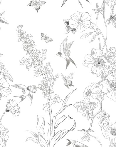 HomKihapai Vintage Wallpaper- Black and White Wallpaper 236 X 17.4 Floral Peel and Stick Wallpaper Modern Bird Wallpaper for Bathroom Waterproof Contact Paper