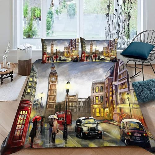 Kinder Bettwäsche Londoner Straße 135x200 cm 3teilig Jungen und Mädchen 100% Mikrofaser Sommer Weiche Winter Warm Bettbezüge 3D Moderne Stadt Bettbezug mit Kissenbezüge 80x80 cm
