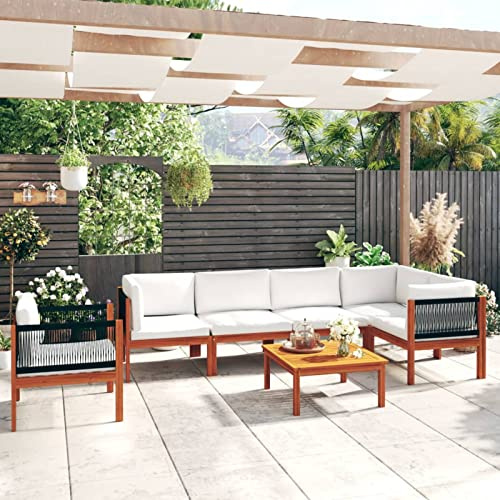 Rantry Möbel-Set für den Garten, 7-teilig, mit Kissen, cremefarben, massives Akazienholz, Set aus Schlafsofa, Sofabett, modernes Sofaset, 2 x zentrale + 3 x Ecken, Sessel + Tisch