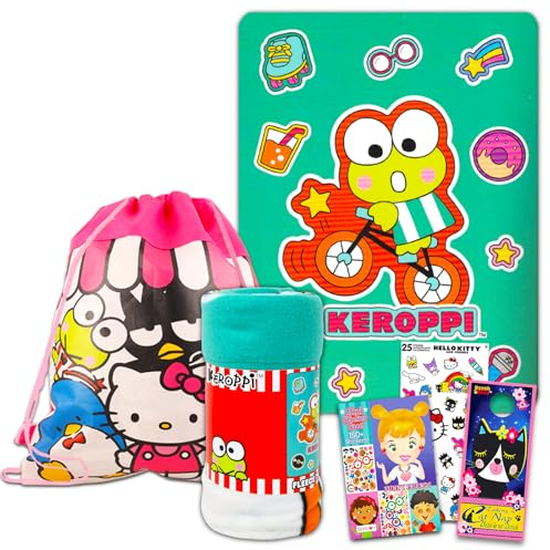 Hello Kitty and Friends Fleece Blanket Sleepover Set for Girls - Bundle with 45x60 Inch Keroppi Throw Blanket, Hello Kitty Cinch Bag, Sticker Activity Book, More | Hello Kitty Room Decor