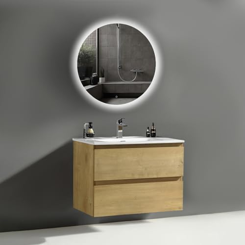 Alpenberger Waschtisch mit Unterschrank 80 cm Breit | Badezimmer Möbel 3 Teiliges Set mit Spiegel mit Beleuchtung | Waschbecken Gäste WC | Badspiegel Rund (Vivento 80 Eiche Natur)