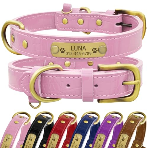 Senristar Personalisierte Hundehalsband aus Echtem Leder mit Eingraviertem Namensschild - Langlebiges und Stilvolles Hundehalsband für Kleine, Mittlere und Große Hunde (M, Rosa)