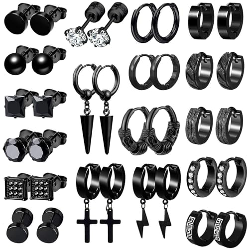 BVLAGIDA 18 Paare Unisex Ohrringe Set - Schwarz, Edelstahl, Creolen, Kreuz, Blitzschlag, Hängend, Ohrstecker für Herren und Damen