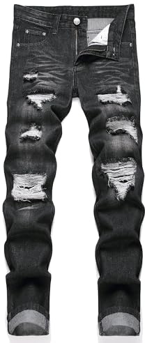 AITITIA Men's Ripped Regular Fit Jeans, 3016 Black, 34