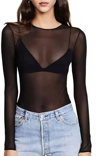 EMOTTOS Women's Sexy Lace Tops, Slim Fit Tulle Mesh See-Through Long Sleeve, Round Neck See Through Shirts for Women, Female Sexy Leotard Clubwear(B2-Black-S)
