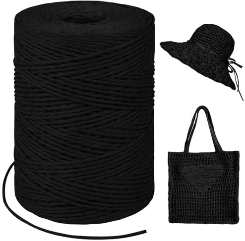 LEREATI Raffia Garn zum Häkeln, Bastband Natur 1.5mm x 300m Papiergarn Geschenkbänder, Bändchengarn zum Häkeln, Papierdraht zum Häkeltaschen, Körbe, Hüte, Geschenkverpackung (Schwarz)