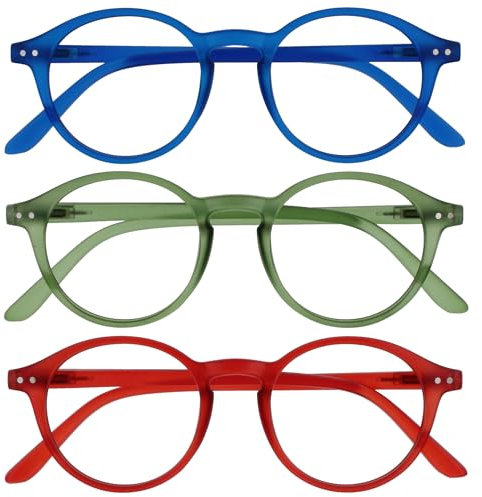 OPULIZE REY Lesebrille - 3er-Pack - Runder Retro-Rahmen - Mattblau, Grün, Rot - Herren Damen - Federscharniere - RRR56-36Z - +1.00