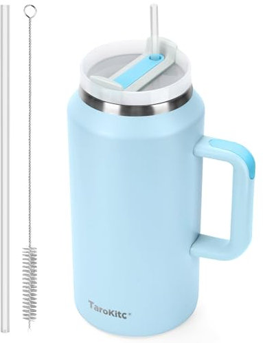 64 oz Tumbler with Handle, Stainless Steel Insulated Travel Mug Iced Coffee Cup with Lids and Straw, Water Bottle Jug for Gym, Office, Home, Dishwasher Safe, BPA Free(Sky blue)
