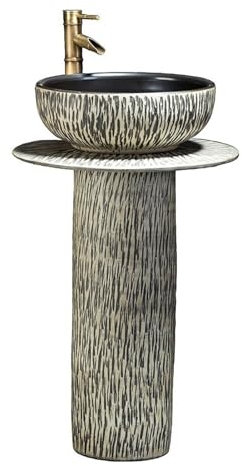 lavabo freestanding Lavandino su piedistallo for patio da balcone esterno, lavabo su piedistallo in ceramica intagliata a mano vintage, set lavello da pavimento in 3 pezzi con rubinetto in rame e set