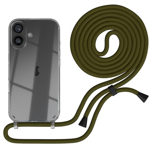 EAZY CASE Handykette kompatibel mit iPhone 16 Handyhülle mit Umhängeband, Handykordel mit Schutzhülle, Silikonhülle, Hülle mit Band, Stylische Kette für Smartphones, Grün - Clips Schwarz