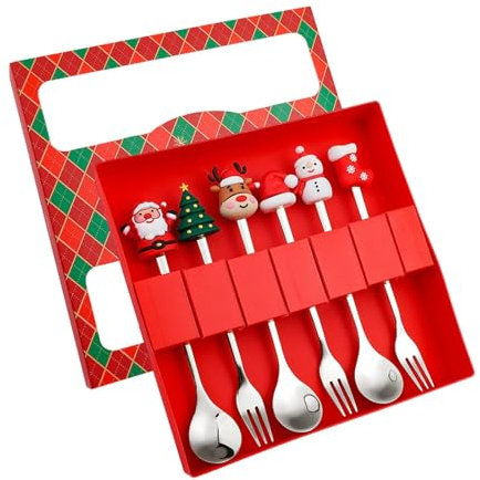 FytStycale Juego de 6 cucharas y Tenedores navideños, Cubiertos, cucharas de Postre, Tenedores para Navidad, té, Postre, Rojo 6d
