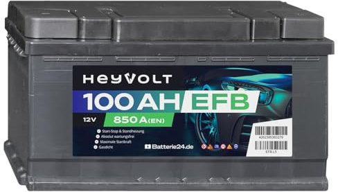 HeyVolt EFB Autobatterie 12V 100Ah 850A Hochleistungs-Blei-Säure-Batterie, Start-Stop geeignet, Langlebig, Kompatibel mit PKW