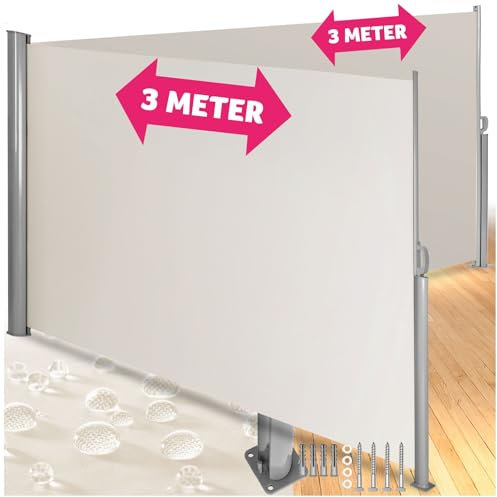 tectake Aluminium Doppel- Seitenmarkise ausziehbar, Outdoor Seitenwand als Garten Sonnenschutz, Balkon Sichtschutz, Terrassen Windschutz, mit Aufrollmechanismus - 160 x 600 cm, beige