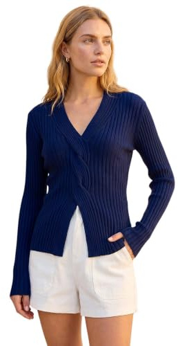 Roman Originals Cable Split Detail Rib Jumper for Women UK - Ladies Everyday Autumn Winter V-Neckline Comfy Soft Evening Vacation Work Party Night Out - Navy - Size 16