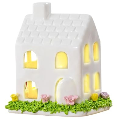 DZAY Frühjahrs Dekorationen Keramische Lichthaus Teelichthaus mit Blumen,Keramik Deko Frühling Lichthaus Grachtenhaus Lichthäuser Keramik Lichthaus Weiss Deko Häuschen Elfhaus Osterndeko Figuren (02)
