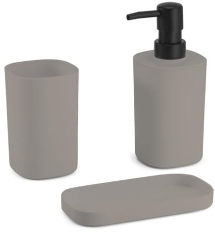 Envenzo Bathroom Set Accessories 3Pcs Soap dispenser Toothbrush Holder Cup Soap dish, Set of 3 Bathroom Accessories, Bathroom Decoration in PP, Modern and Practical Design (Brown)