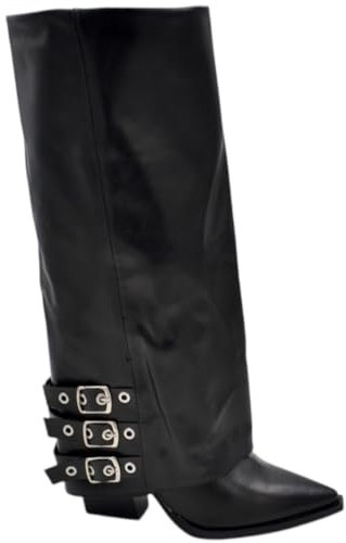 Stivali Donna al Ginocchio Shark a Punta Nero con Fibbie sotto Argento Risvolto Pelle Tacco camperos 7 cm Zip Nascosta (37 EU)