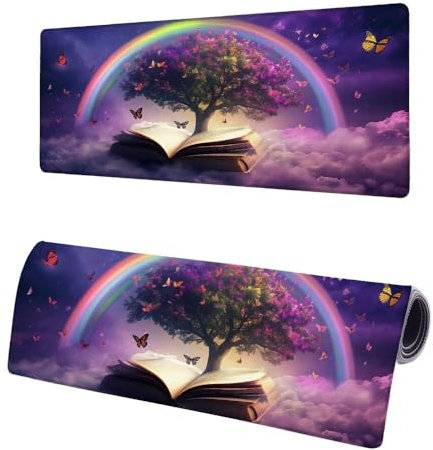 Large Mouse Mat Rainbow, Extended XXL Tree Gaming Mouse Pad Desk Pad 700x300x3mm, Keyboard Mat with Non-Slip Rubber Base, Soft Smooth Surface, Stitched Edges Mousepad, Improved Precision and Speed S-8