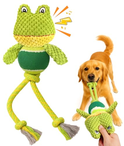 Swooflia Durable Squeaky Dog Toy - Interactive Plush Cute Frog with Rope Legs, Teeth Cleaning Tug Toy for Small Medium and Large Dogs, Puppy Chew Toy for Training and Play