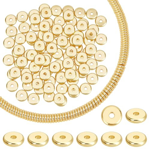 PH PandaHall 100pcs Perles Plaquées Or 18 carats de 8mm Perles D'Espacement Rondes Plates en Laiton Perles Heishi en Métal Doré pour D'Été la Fabrication de Colliers Bracelets et Bijoux Empilables