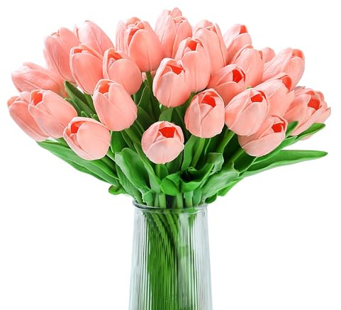 XIANNVXI 20 Pcs Artificial Pink Tulips Flowers Silk Tulips Decorative Fake Faux Pink Flowers for Indoor Spring Kitchen Wedding Bouquet Rome Decor 14 Inch