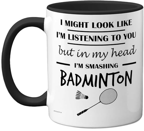 Stuff4 Badminton-Geschenke – In My Head Tasse – lustiges Geschenk für Badminton-Liebhaber, Männer und Frauen, 325 ml, Premium-Keramik, spülmaschinenfest, schwarzer Griff, Tasse