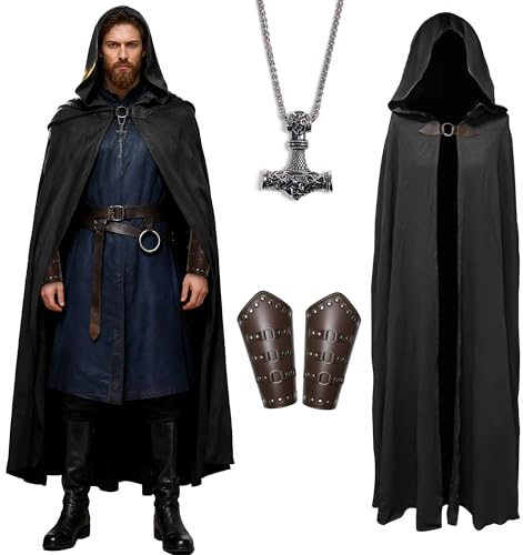 DUDUMILA Mittelalter Umhang Leinen Kapuzenumhang Renaissance– Oversized Kapuzenmantel mit PU-Leder-Armstücken und Wikingerhalskette | Kostüm für Halloween und Karneval | für Damen Herren