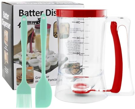 Pancake Batter Dispenser, Cupcake Batter Dispenser with Squeeze Handle & Oil Brush and Scraper, Baking Tool for Precise Portion Control, for Pancakes Cupcake, Waffle, Muffin Mix(Red)