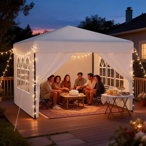 UISEBRT Pop Up Pavillon 2.5x2.5 Wasserdicht Stabil Winterfest Anti-UV,Faltpavillon mit 4 Seitenteilen,EIN-Tasten-Zentralverriegelung Partyzelt,3 Höhenverstellbar 240-260cm Faltbar Gartenzelt,Weiß
