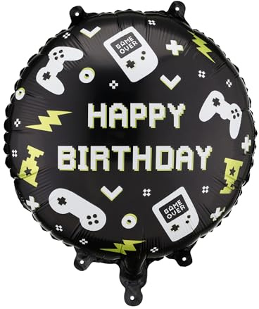 PartyDeco® FB344 Videospiel Geburtstag Ballon PartyDeco 18 Zoll - Gaming Alles Gute zum Geburtstag Runde Folienballon Party Dekorationen für Partys | Gaming-Party-Dekorationen für Kinder, Gamer-Thema, Luft- oder Heliumfüllung