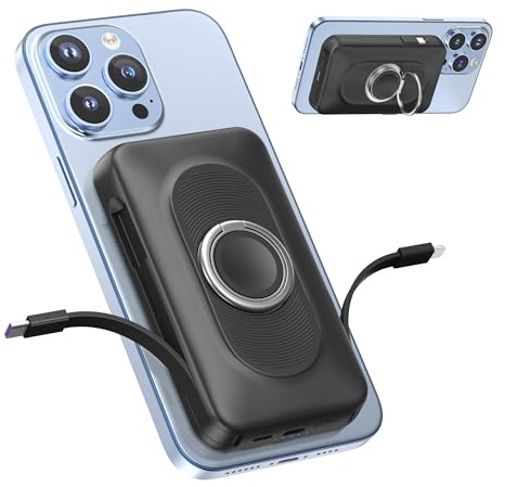 Powerbank für Magsafe 20000mAh 22.5W Magnetische Power Bank 4-in-1 Schnellladen mit Type-C/IOS Kabeln, Wireless Tragbares Laden mit Ringhalterung für iPhone 16/15/14/13/12/Mini/Pro/Pro Max/Plus