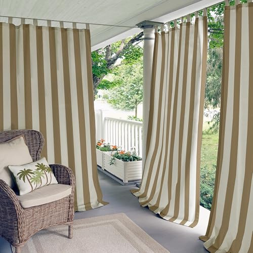 Elrene Home Fashions Highland Stripe Indoor/Outdoor Adhesive Loop Fastener Tab Top Window Curtain Panel for Patio, Pergola, Porch, Deck, Lanai, and Cabana, 50x95, Natural