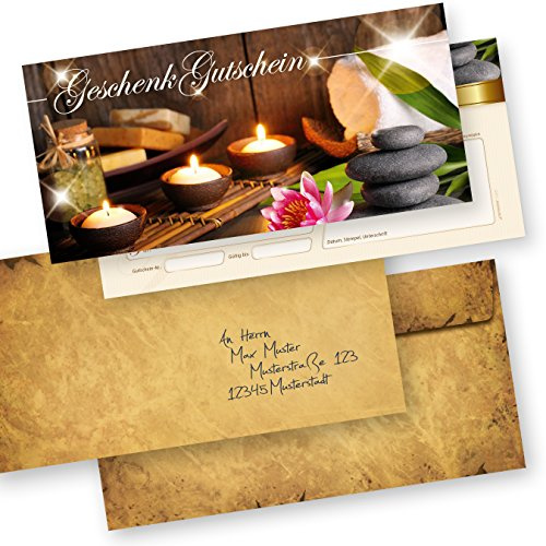 tatmotive Gutscheine Massage & Beauty 1000 Stück mit Umschlägen | zum einfachen Eintragen und Stempeln, inklusive passender Briefumschläge, Geschenkgutscheine für Wellness