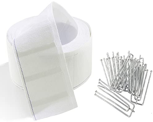 MJMP Pleat Tape for Curtain Heading Vintage Style Small Size with 10 Pcs Stainless Steel 4 Prong Curtain Pleat Hook Clip (6Yard 10 Pack, White)