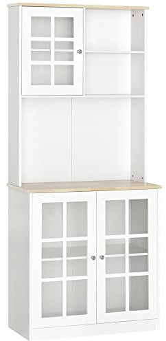 HOMCOM Buffet Cuisine, Meuble Cuisine Rangement Haut, Meuble de Rangement avec Plan de Travail, 3 Portes vitrées, 2 niches et étagères réglables, 80 x 37 x 183 cm, Blanc chêne