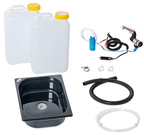 Wasseranlage Imbisswagen Verkaufsanhänger Campingküche 12v Bausatz Spüle schwarz 325x265x100mm + Wasserhahn Barwig Chrom Wasserkanister 19Liter (ad-ideen)